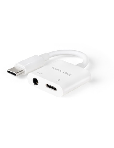 Nanocable Adaptador de Audio USB-C M a Jack 3.5 H + USB-C H PD 60W, 11.5 cm, Blanco