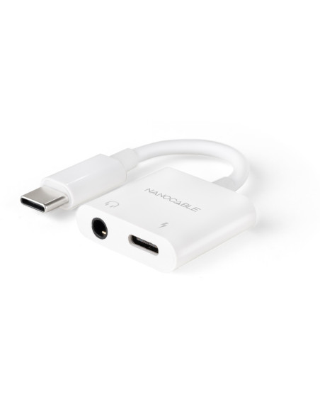 Nanocable Adaptador de Audio USB-C M a Jack 3.5 H + USB-C H PD 60W, 11.5 cm, Blanco