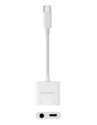Nanocable Adaptador de Audio USB-C M a Jack 3.5 H + USB-C H PD 60W, 11.5 cm, Blanco