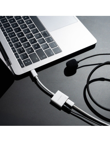 Nanocable Adaptador de Audio USB-C M a Jack 3.5 H + USB-C H PD 60W, 11.5 cm, Blanco