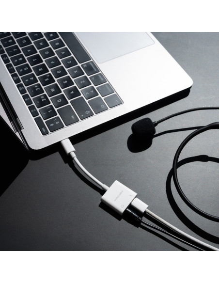 Nanocable Adaptador de Audio USB-C M a Jack 3.5 H + USB-C H PD 60W, 11.5 cm, Blanco