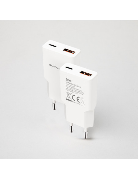 Nanocable Cargador USB-C PD 20W + USB-A QC 20W, Blanco