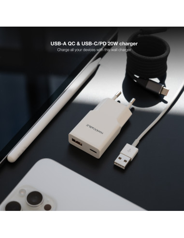 Nanocable Cargador USB-C PD 20W + USB-A QC 20W, Blanco