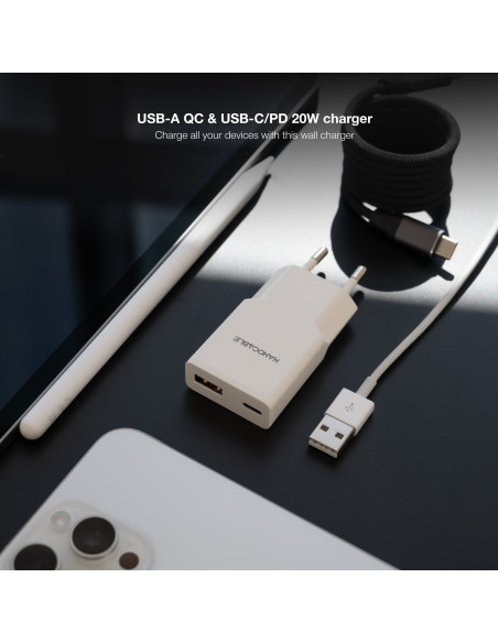 Nanocable Cargador USB-C PD 20W + USB-A QC 20W, Blanco