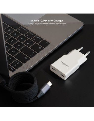 Nanocable Cargador 2xUSB-C PD 20W, Blanco