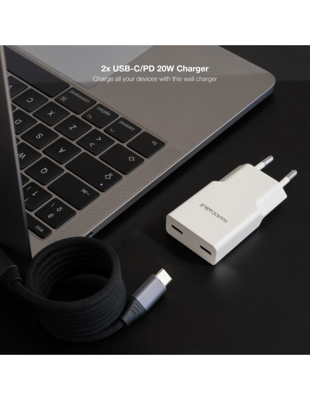Nanocable Cargador 2xUSB-C PD 20W, Blanco