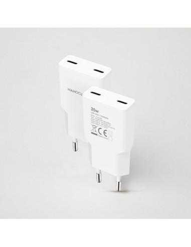 Nanocable Cargador 2xUSB-C PD 25W, Blanco