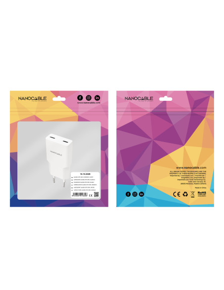 Nanocable Cargador 2xUSB-C PD 30W, Blanco