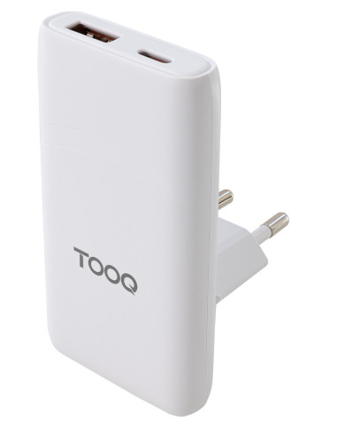 TooQ Cargador de viaje Tipo C y Tipo A, GaN 65W, USB-C PD + USB-A QC, Blanco