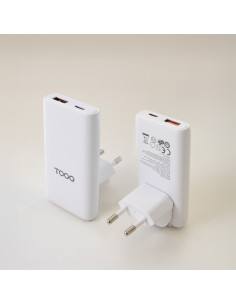 TooQ Cargador de viaje Tipo C y Tipo A, GaN 65W, USB-C PD + USB-A QC, Blanco 2