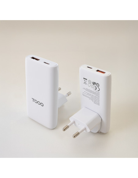TooQ Cargador de viaje Tipo C y Tipo A, GaN 65W, USB-C PD + USB-A QC, Blanco