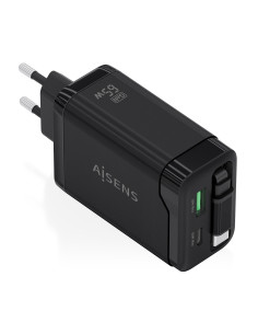 AISENS Cargador GaN 65W, 1xUSB-C Cable Retractil, 1xUSB-C PD3.0, 1xUSB-A QC3.0, Negro