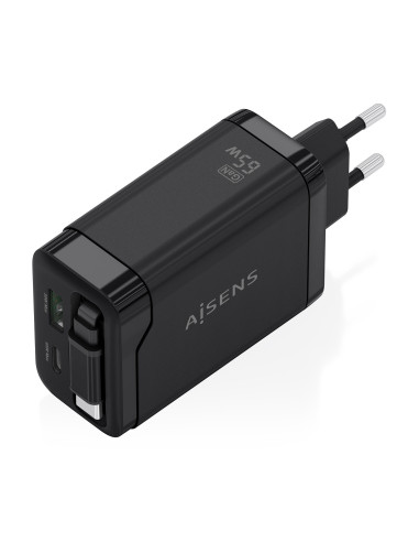 AISENS Cargador GaN 65W, 1xUSB-C Cable Retractil, 1xUSB-C PD3.0, 1xUSB-A QC3.0, Negro