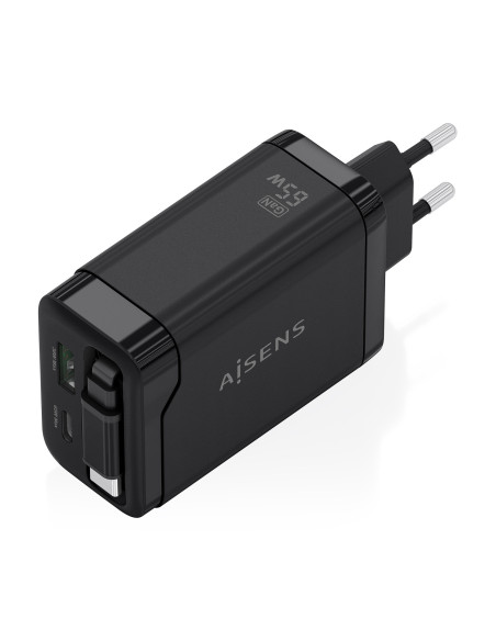 AISENS Cargador GaN 65W, 1xUSB-C Cable Retractil, 1xUSB-C PD3.0, 1xUSB-A QC3.0, Negro