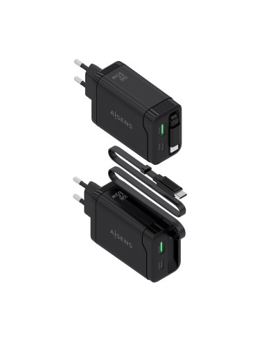AISENS Cargador GaN 65W, 1xUSB-C Cable Retractil, 1xUSB-C PD3.0, 1xUSB-A QC3.0, Negro