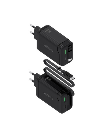 AISENS Cargador GaN 65W, 1xUSB-C Cable Retractil, 1xUSB-C PD3.0, 1xUSB-A QC3.0, Negro