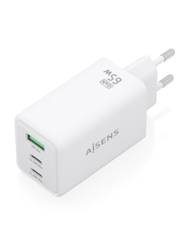 AISENS Cargador GaN 65W, 2xUSB-C PD3.0 QC4.0, 1xUSB-A QC3.0, Blanco