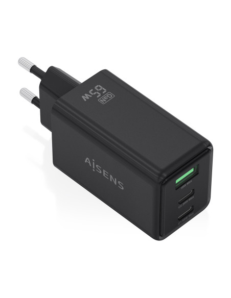 AISENS Cargador GaN 65W, 2xUSB-C PD3.0 QC4.0, 1xUSB-A QC3.0, Negro