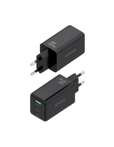 AISENS Cargador GaN 65W, 2xUSB-C PD3.0 QC4.0, 1xUSB-A QC3.0, Negro