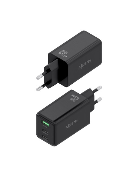 AISENS Cargador GaN 65W, 2xUSB-C PD3.0 QC4.0, 1xUSB-A QC3.0, Negro
