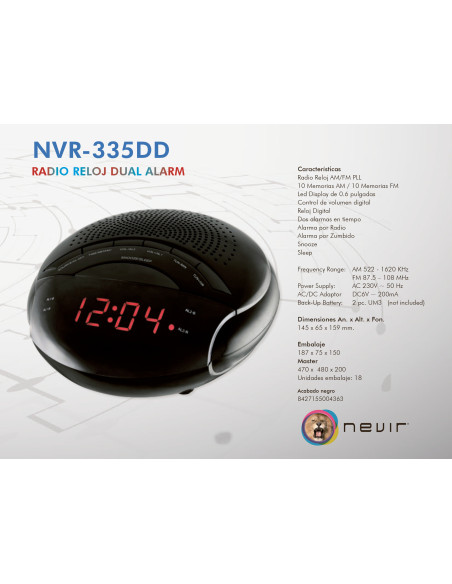 Nevir NVR-335DD radio Reloj Digital Negro