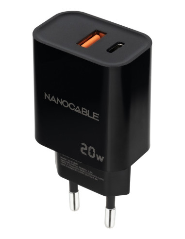 Nanocable Cargador USB-C PD + USB-A QC 20W, Negro