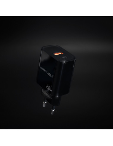 Nanocable Cargador USB-C PD + USB-A QC 20W, Negro