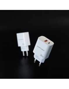 Nanocable Cargador USB-C PD + USB-A QC 30W, Blanco 2