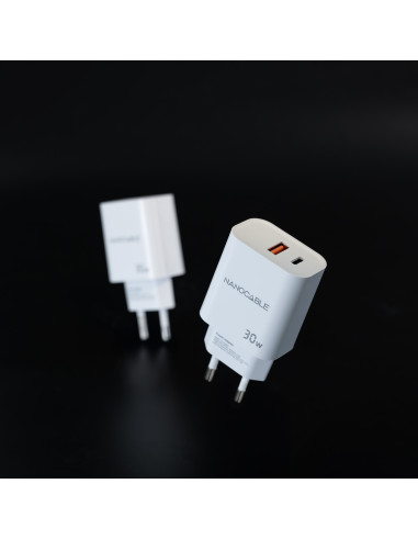 Nanocable Cargador USB-C PD + USB-A QC 30W, Blanco