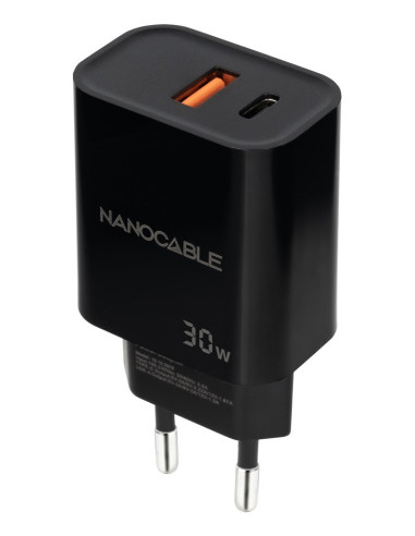 Nanocable Cargador USB-C PD + USB-A QC 30W, Negro