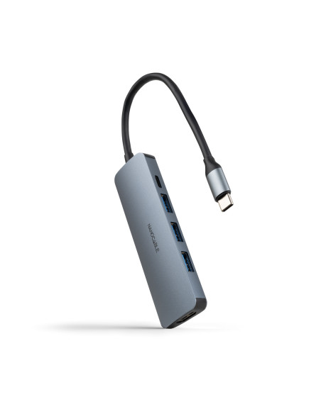 Nanocable Hub USB-C 5 en 1, Conversor USB-C 3.1 a 3xUSB-A 3.0 + USB-C PD + HDMI, Aluminio, Gris, 18 cm