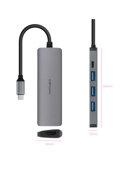 Nanocable Hub USB-C 5 en 1, Conversor USB-C 3.1 a 3xUSB-A 3.0 + USB-C PD + HDMI, Aluminio, Gris, 18 cm
