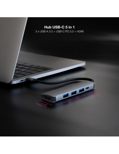 Nanocable Hub USB-C 5 en 1, Conversor USB-C 3.1 a 3xUSB-A 3.0 + USB-C PD + HDMI, Aluminio, Gris, 18 cm