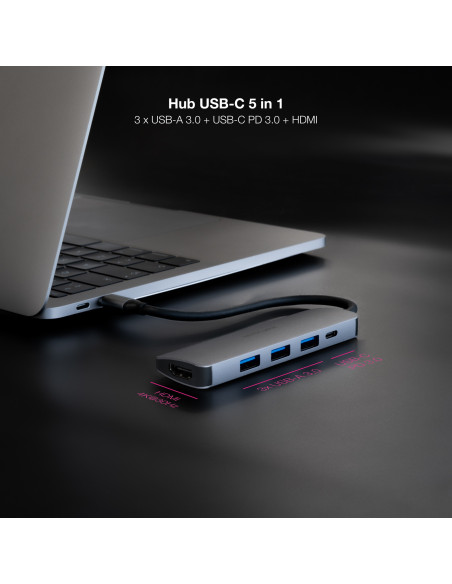 Nanocable Hub USB-C 5 en 1, Conversor USB-C 3.1 a 3xUSB-A 3.0 + USB-C PD + HDMI, Aluminio, Gris, 18 cm