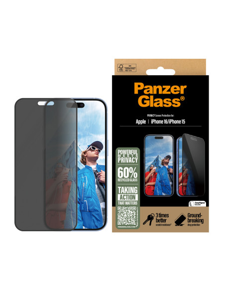 PanzerGlass ® Privacy Screen Protector iPhone 16 | 15 | Ultra-Wide Fit w. EasyAligner Protector de pantalla Apple 1 pieza(s)