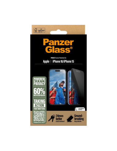 PanzerGlass ® Privacy Screen Protector iPhone 16 | 15 | Ultra-Wide Fit w. EasyAligner Protector de pantalla Apple 1 pieza(s)