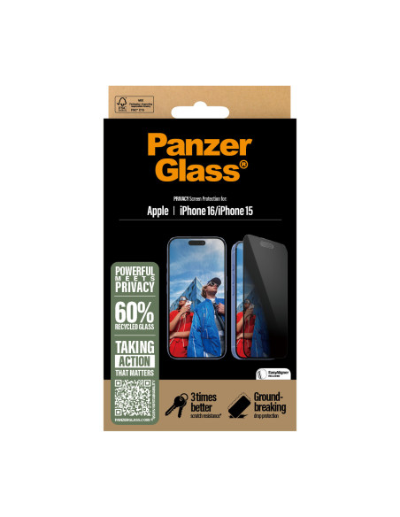 PanzerGlass ® Privacy Screen Protector iPhone 16 | 15 | Ultra-Wide Fit w. EasyAligner Protector de pantalla Apple 1 pieza(s)