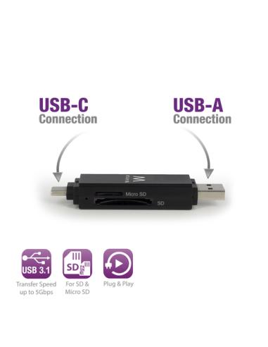 Ewent EW1075 lector de tarjeta USB 3.2 Gen 1 (3.1 Gen 1) Type-A/Type-C Negro