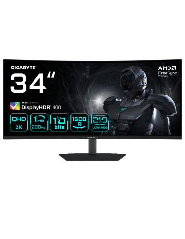 GIGABYTE G34WQC2 Monitor Gaming Curvo 34” WQHD - 3440 x 1440, 1500R, 200Hz, 1ms, 450 cd m², AMD FreeSync Premium, DisplayHDR