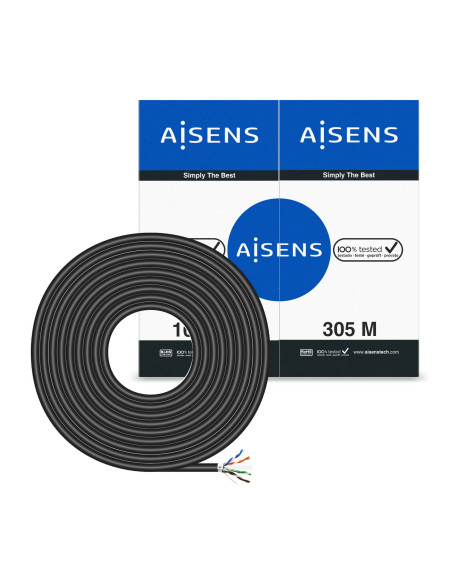 AISENS Cable de Red Exterior Impermeable RJ45 Cat.6 FTP Rigido AWG24, Negro, 305M