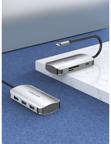 Vention Docking USB Tipo-C TNHHB  3xUSB  1xUSB Tipo-C PD  1xLector Tarjetas SD y MicroSD  Gris