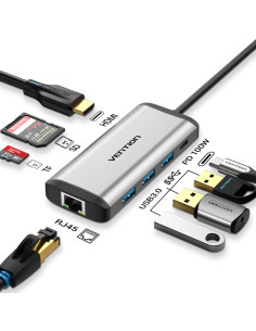 Vention Docking USB Tipo-C CNDHB  1xHDMI  3xUSB  1xUSB Tipo-C PD  1xRJ45  1xLector tarjetas  Gris 2