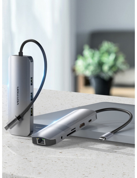Vention Docking USB Tipo-C TOLHB  1xHDMI  3xUSB  1xUSB Tipo-C PD  1xRJ45 1xLector Tarjetas SD y MicroSD  Jack 3.5  Gris