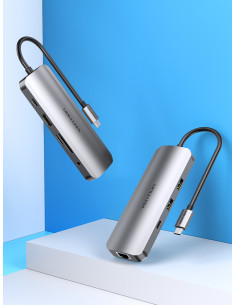 Vention Docking USB Tipo-C TOMHB  1xHDMI  2xUSB  1xUSB Tipo-C  1xUSB Tipo-C PD  1xRJ45  1xLector Tarjetas SD y MicroSD  Jack 2