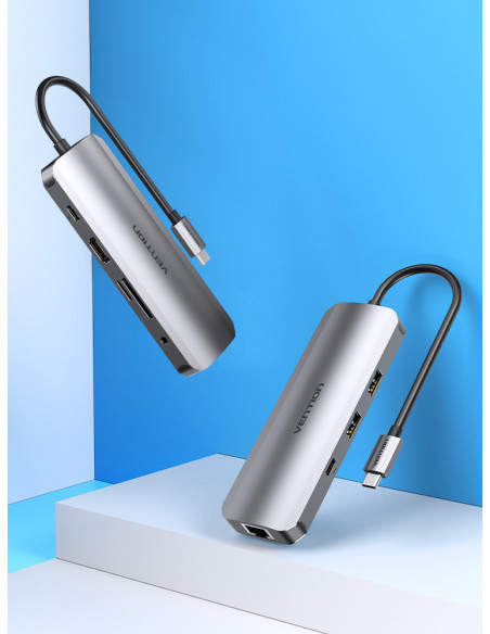 Vention Docking USB Tipo-C TOMHB  1xHDMI  2xUSB  1xUSB Tipo-C  1xUSB Tipo-C PD  1xRJ45  1xLector Tarjetas SD y MicroSD  Jack