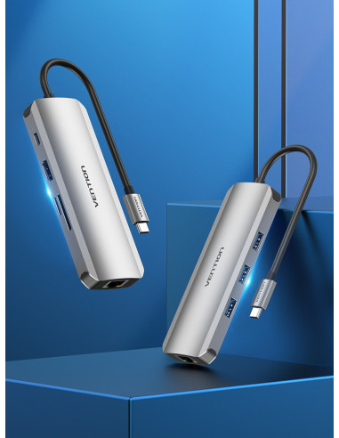 Vention Docking USB Tipo-C TOKHB  1xHDMI  3xUSB  1xUSB Tipo-C PD  1xRJ45  1xLector Tarjetas SD y MicroSD  Gris