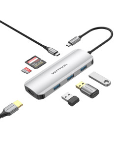 Vention Docking USB Tipo-C TOJHB  1xHDMI  3xUSB  1xUSB Tipo-C  1xLector tarjetas  Gris