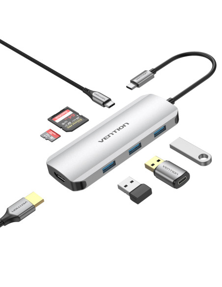 Vention Docking USB Tipo-C TOJHB  1xHDMI  3xUSB  1xUSB Tipo-C  1xLector tarjetas  Gris