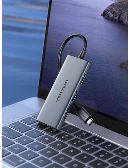 Vention Docking USB Tipo-C TOOHB  1xHDMI  3xUSB  1xLector Tarjetas SD y MicroSD  Gris