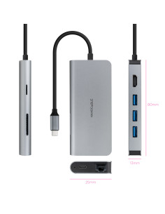 Nanocable Hub USB-C 8 en 1, Conversor USB-C 3.1 a 3xUSB-A 3.0 + HDMI 4K@60Hz + USB-C PD + RJ45 1Gbps + TF + SD, Aluminio, Gris, 2